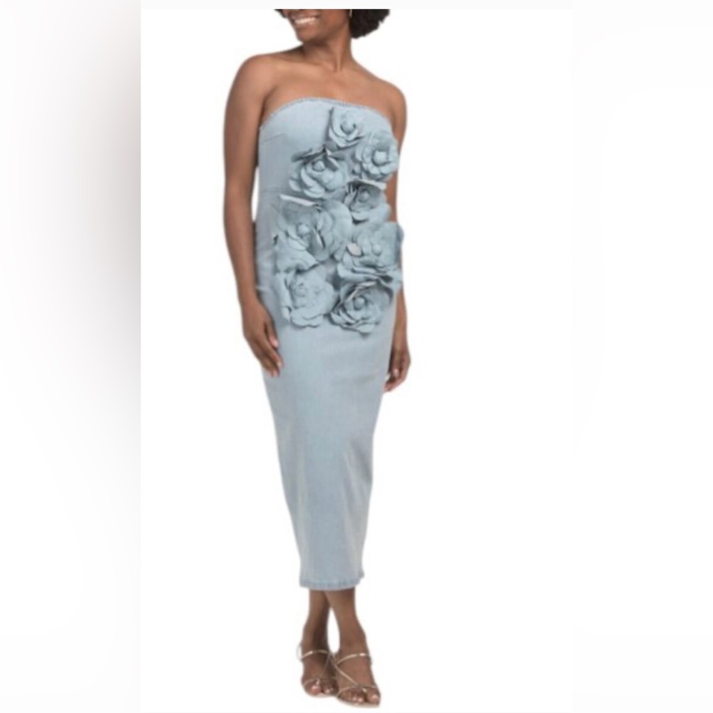 Dalia MacPhee Strapless 3D Floral bodycon stretch‎ denim Dress size large new